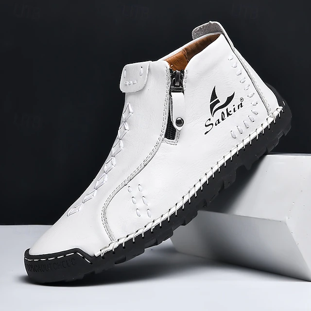 Men's White Faux Leather Casual Ankle Boots with Zipper and Hand-Stitched Sole | Stylish and Comfortable Outdoor Footwear 37