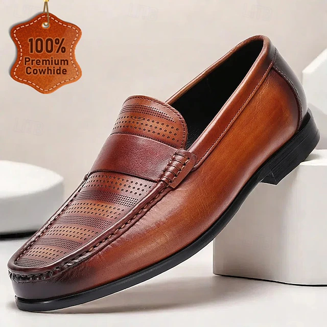 Men's Premium Cowhide Leather Loafers – Perforated Design Slip-On Dress Shoes for Business and Formal Occasions 10