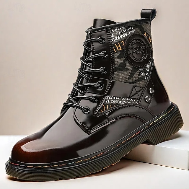  Botas de combate de piel sintética patentada para hombre: diseño con cordones de estilo militar con detalles de camuflaje, suela resistente para uso al aire libre y casual