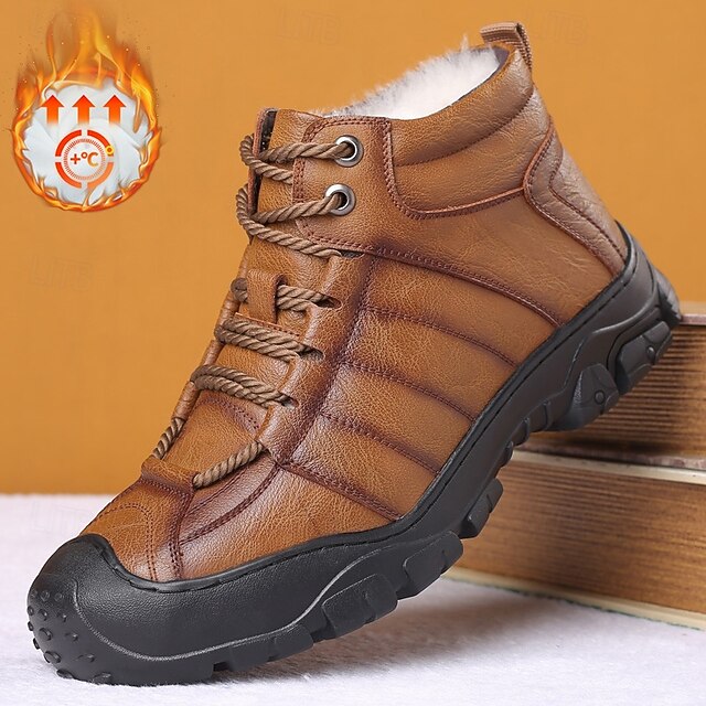 Men's Brown Faux Leather Hiking Boots with Plush Lining – Durable Winter Footwear for Outdoor Adventures 19