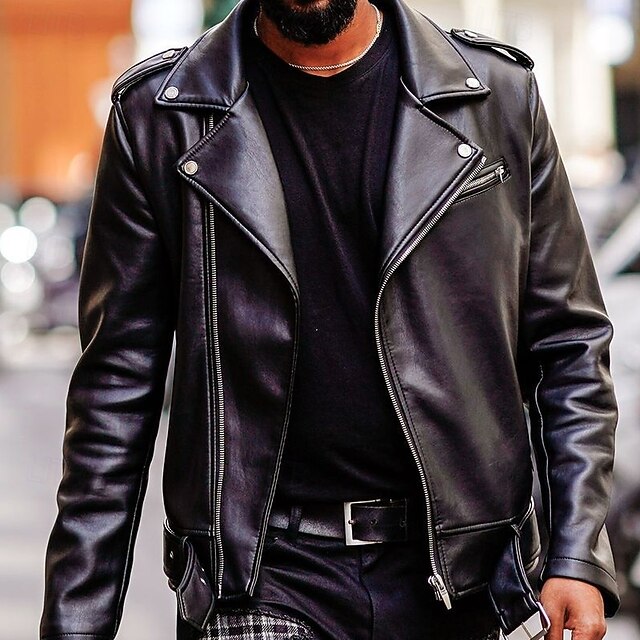 Men's Faux Leather Jacket Windbreaker Motorcycle Jacket Casual Daily Windbreaker Patchwork Pocket Winter Spring &  Fall Solid Color Vintage Fashion Shirt Collar Regular Black Jacket4