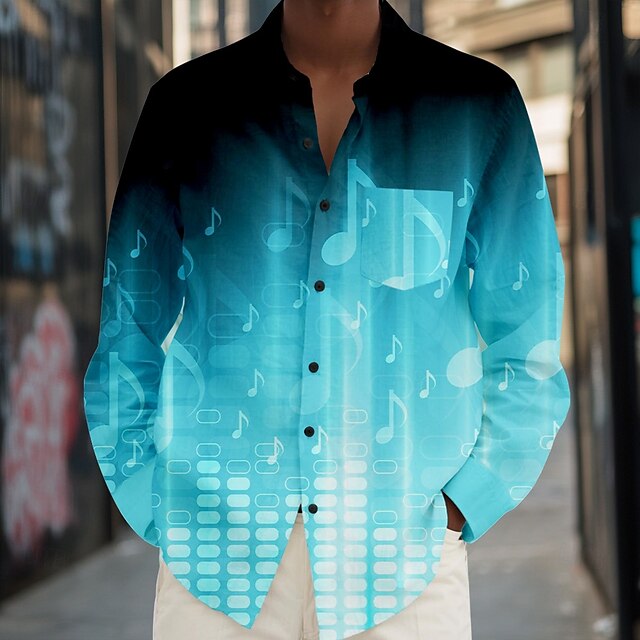 Men's Boardmasters Ombre Notes Shirt Button Up Shirt Long Sleeve Casual Party Summer Turndown Pocket Blue4