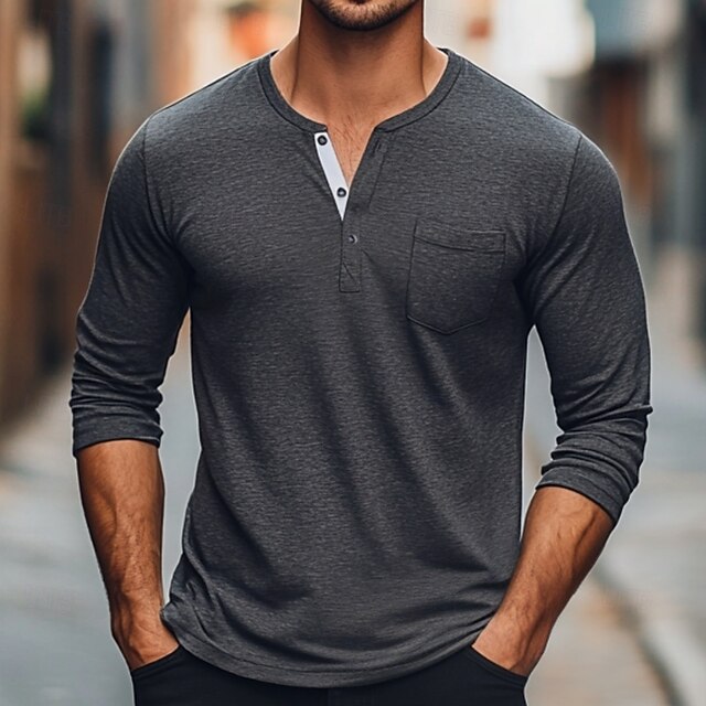 Men's T shirt Henley Shirt Long Sleeve Shirt Plain Henley Street Daily
