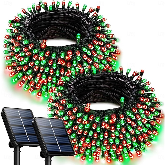  2 stk 10m 100led solcellelys – røde og grønne vanntette utendørs lysstrenger til jul gårdsplass hage balkong gjerde juletre festlig atmosfære dekorativ lysstreng