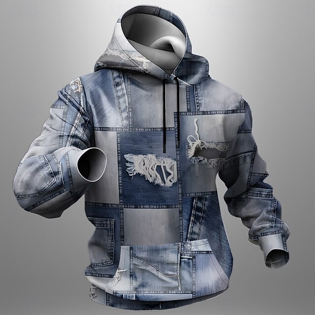 Men's Jeans Hoodies Sweatshirt Fashion Cool Long Sleeve Crew Neck Holiday Streetwear Blue Drawstring Fall Winter Designer4