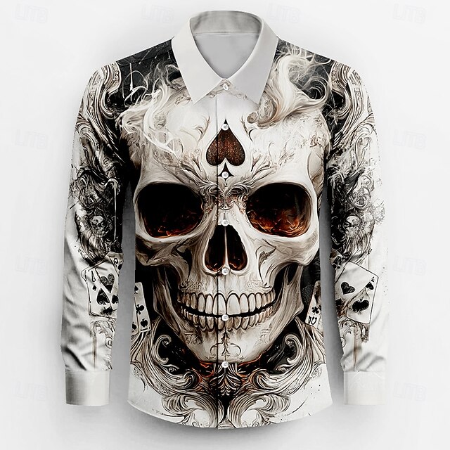 Men's Skulls Button Up Shirt Long Sleeve Fashion Casual Dark Party Evening Wear Street Daily Fall Winter Spring & Summer Shirt Collar Button Up 3D Print White4