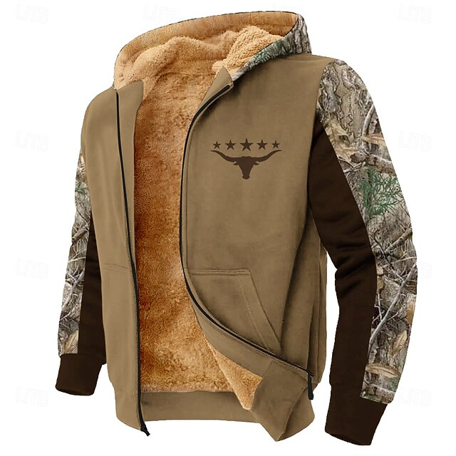 Men's Camo / Camouflage Cowboy Fleece Hoodies Fashion Ethnic Long Sleeve Hooded Party Hunting Brown Drawstring Fall Winter Designer4