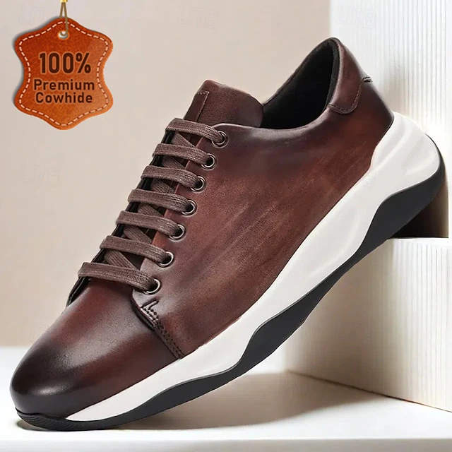 Men's Premium Leather Casual Sneakers – Cowhide, Brown Lace-Up Shoes with Comfortable Sole for Everyday Wear and Smart-Casual Style 8