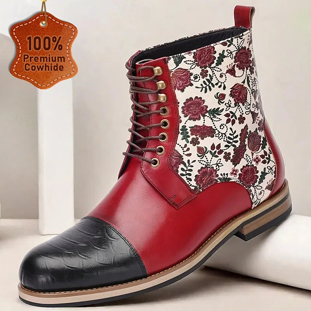 Men's Red & Black Floral Leather Ankle Boots with Lace-Up Design and Textured Toe – Premium Cowhide Fashion Boots for Formal & Casual Wear 8