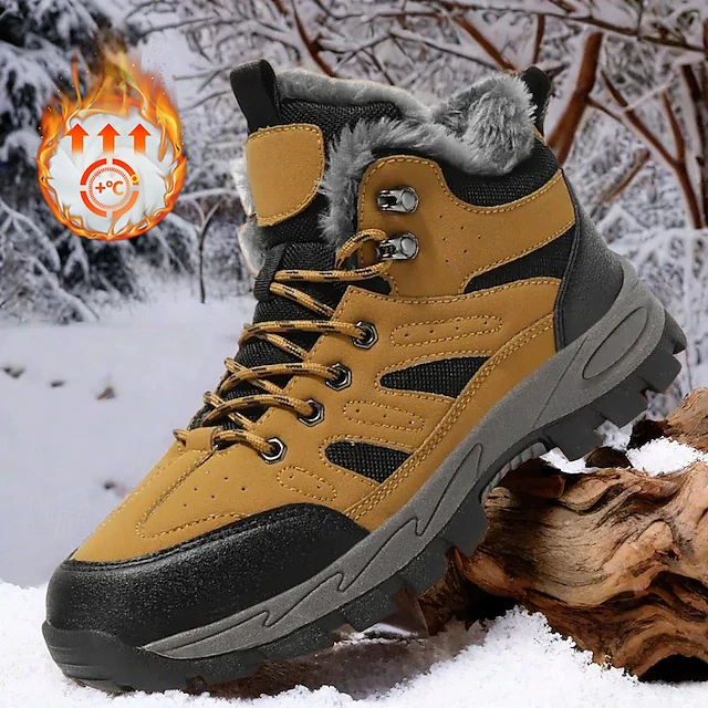 Men's Yellow Hiking Boots with Fur Lining – Waterproof Outdoor Winter Shoes with Anti-Slip Rugged Soles 30