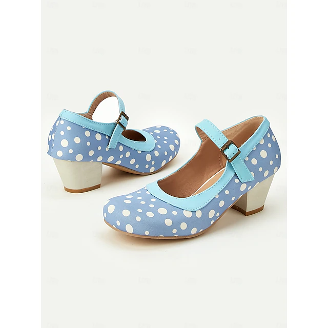 Women's Blue Polka Dot Mary Jane Heels – Retro Mid Heel Shoes with Buckle Strap for Vintage-Inspired Outfits and Dance Parties 15