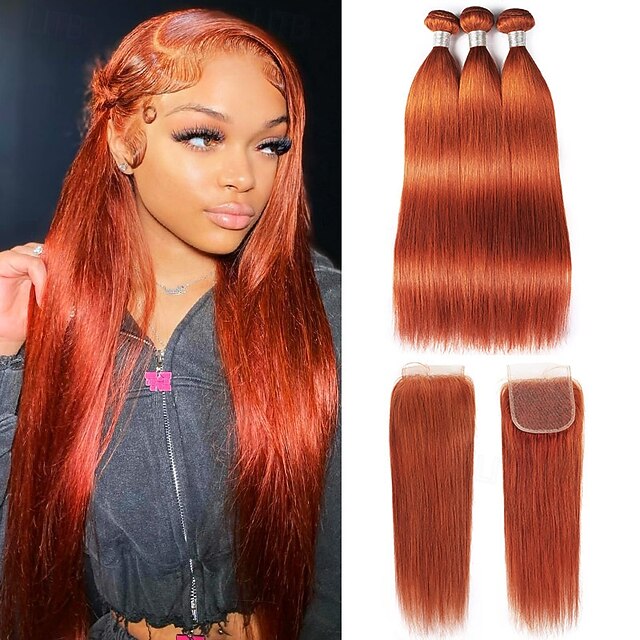 Ginger Straight Human Hair Weaving Colored Hair 3 Bundles With 4*4