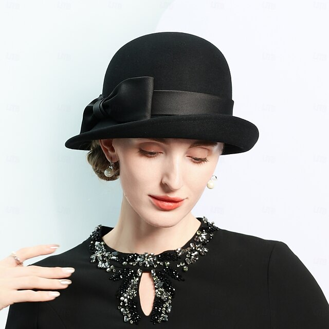  Hats 100% Wool Bowler / Cloche Hat Bucket Hat Top Hat Wedding Tea Party Elegant With Bowknot Pure Color Headpiece Headwear
