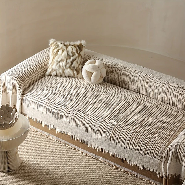 Thickened Sofa Blanket Autumn And Winter Gradient Striped Jacquard Half Velvet Sofa Towel With Tassels Multi-functional Blanket 11