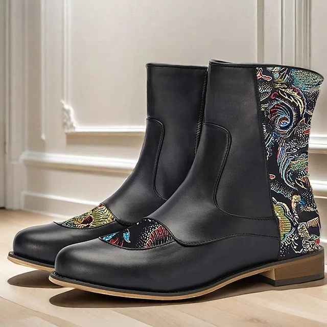 Men's Vintage Elegance Black Embroidered Jacquard Fabric and Faux Leather Ankle Boots for Formal and Casual Wear 8