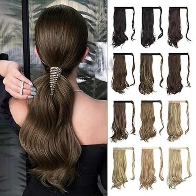  Extension de queue de cheval bouclée 15 pouces postiche ondulé naturel synthétique résistant à la chaleur extensions de cheveux de queue de cheval pour femmes noires blanches postiche