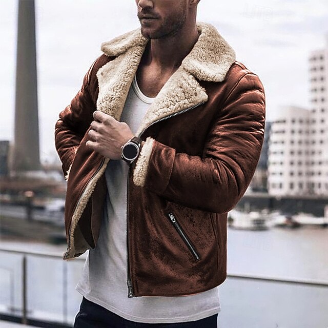 Men's Faux Leather Jacket Fleece Jacket Sherpa Jacket Daily Vacation Thermal Warm Pocket Fleece Fall & Winter Plain Fashion Streetwear Lapel Regular Black Brown Green Jacket4