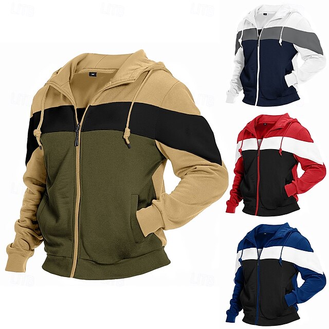  Per uomo Felpa con cappuccio Felpa con cappuccio a zip intera Bianco Rosso Blu marino Cachi Con cappuccio Color Block Collage Tasche Ufficio Sportivo Informale Streetwear Essenziale Informale