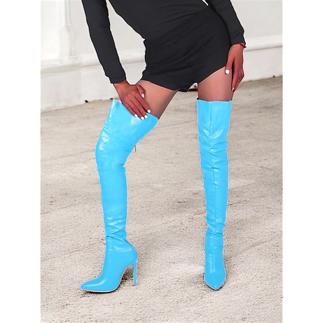  kvinders sorte imiteret læder lårhøje stiletstøvler – slankt og sexet over-knee-design til klubtøj og aftenglam