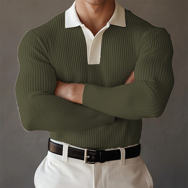 Men's Polo Shirts Muscle Shirt Formal Work Ribbed Polo Collar Long Sleeve Fashion Comfortable Color Block Buttons Summer Spring Fall Slim Fit Light Blue White Green Polo Shirts 7