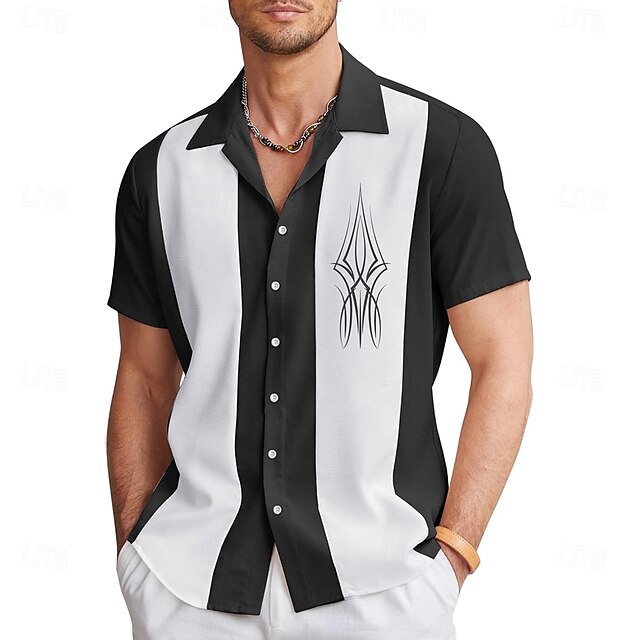 Men's Curve Pinstripe Bowling Shirt Button Up Shirt Long Sleeve Casual Vacation Sport Summer Spring Cuban Collar Button Up Black4
