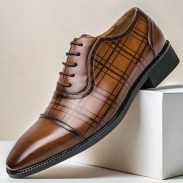Men's Brown Plaid Pattern Oxford Dress Shoes – Faux Leather Lace-Up Formal Shoes for Office and Business Wear 20