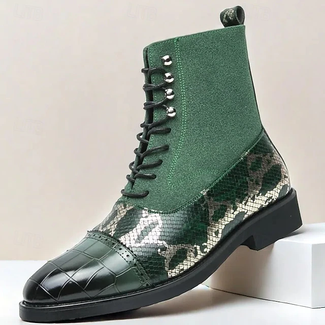Men's Luxury Green Ankle Boots | Snake Pattern Faux Leather with Crocodile-Embossed Toe and Lace-Up Design 31