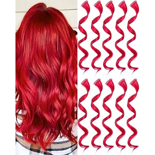  10 PCS Hair Extensions Curly Wavy Synthetic Hairpieces Clip in Rainbow Neon Party Highlights, Colorful Hair Accessories for Kids Girls Women 17 inch