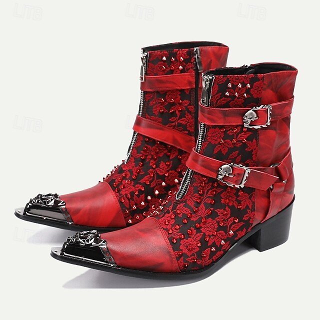 Men's Red & Black Gothic Leather Ankle Boots with Gold Tip Skull Buckles, Studded Accents, and Embroidered Floral Design–Premium Cowhide Punk Rock Footwear 10