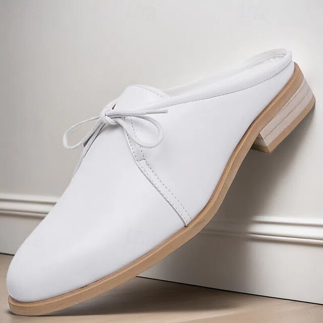 Men's White Slip-On Mule Oxfords - Minimalist Faux Leather Design with Low Heel for Casual and Office Wear 33