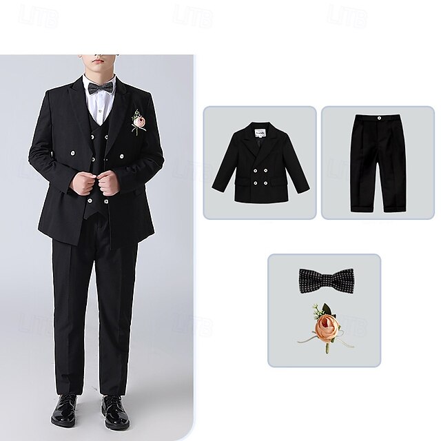  4 Dele Jakkesæt til ringbæreren Drenge Børn Jakkesæt Formel dragt Blazer og bukser Formel Fest Valentinsdage Mode Sej Helfarve Lomme Sort Navyblå Polyester