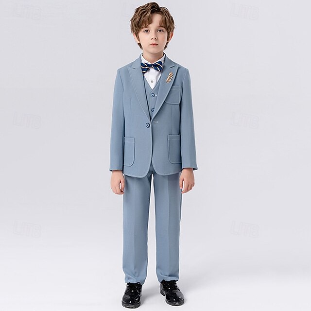  5 szt. Garnitur dla małego drużby Dla chłopców Dzieci W kant Formalny garnitur Marynarka, kamizelka, spodnie, broszka i krawat Formalny Impreza Walentynki Moda Nowoczesne Jednokolorowe Kieszeń