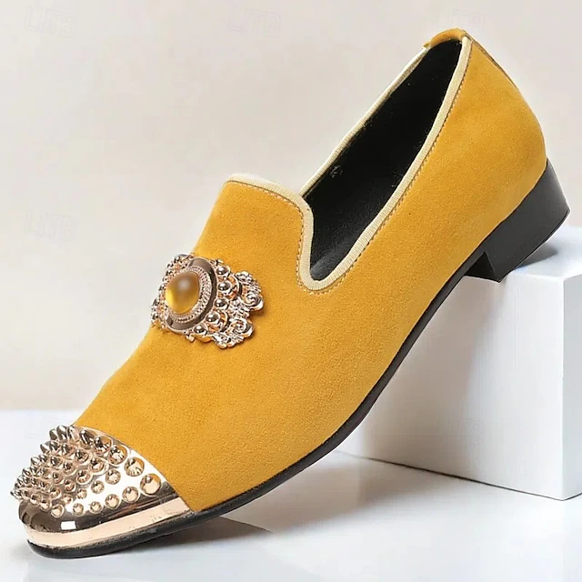 Men's Yellow Leather Loafers with Jeweled Embellishment and Studded Metallic Cap Toe – Premium Cowhide Statement Dress Shoes for Special Occasions 11