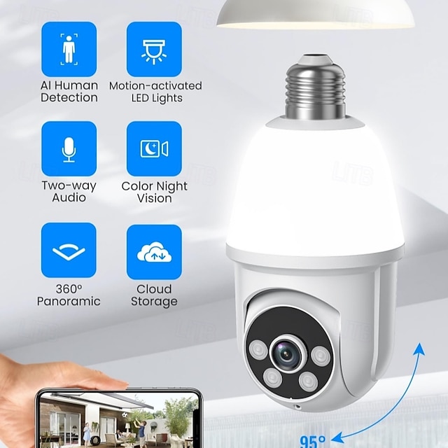  1080P Light Bulb Security Camera with Motion Detection and Alarm 2.4GHz WiFi Only Two-Way Talk Color Night Vision Human Detection for Indoor/Outdoor Home Security (with LED Bulb)