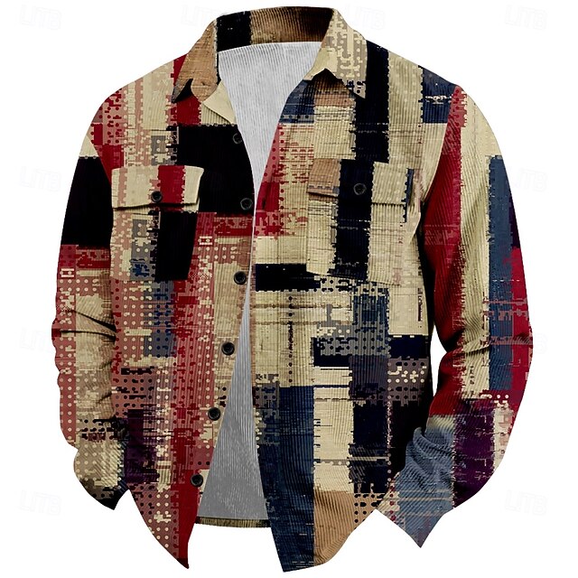 Men's Patchwork Corduroy Shirt Shirt Jacket Overshirt Long Sleeve Vintage Fashion Casual Outdoor Street Dailywear Fall & Winter Turndown Collared Shirts 3D Print Buttons 2 Pockets 1pc Khaki4