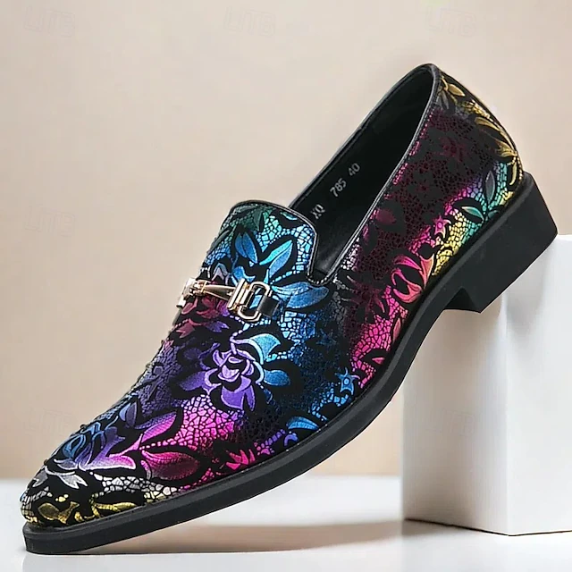 Men's Multicolor Floral Pattern Loafers - Faux Leather Slip-On Shoes with Metal Buckle for Parties, Weddings, and Formal Occasions 20