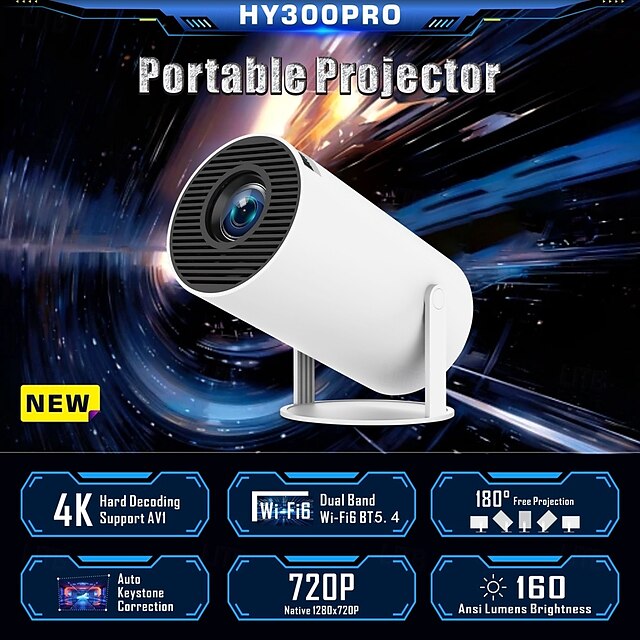 2024 חדש hy300 pro מקרן נייד אינטליגנטי אנדרואיד 13.0 1280 * 720 רזולוציה 28 זיכרון wifi lcd video 720p קולנוע ביתי מקרן 4k bluetooth 5.4