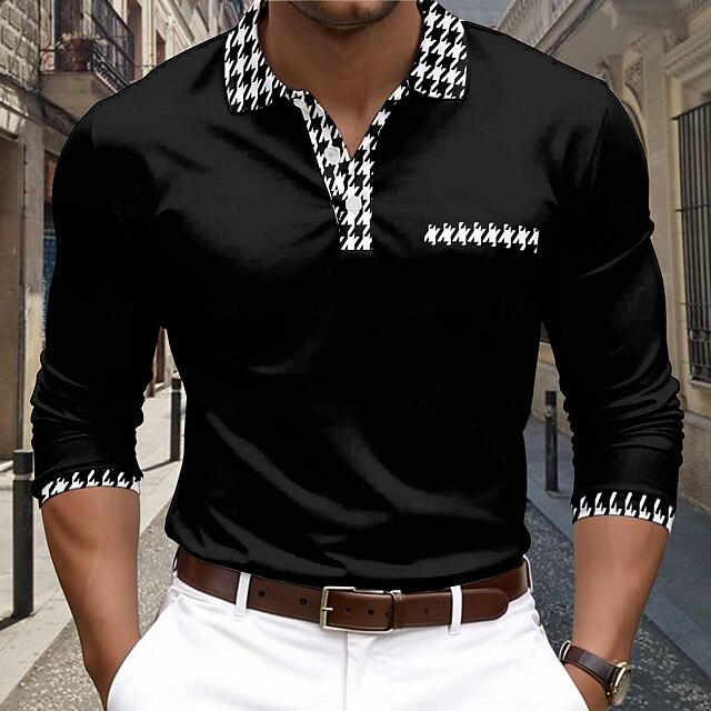 Men's Houndstooth Golf Polos Shirts Long Sleeve Polo Shirts Collar Business Casual Outdoor Street Dailywear Buttons 3D Print Spring Fall Winter Black4