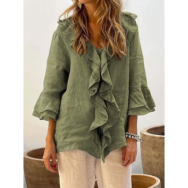  Damen Hemd Leinen-inspirierte Hemden Bluse Einfarbig Basic Lässig Langarm V Ausschnitt Normale Oberteile Täglich Rüsche Weiß Grün Grau Herbst Winter