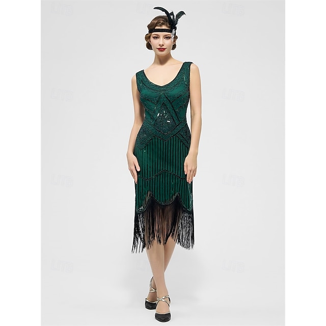  Anii 1920 Rochie de Cocktail Rochie de epoca Miezul zilei Rochie Flapper Ținute Rochie de Cocktail Gatsby Fetișcană Invitat la nuntă Paiete Pană Franjuri Costume de fancy Pentru femei Costum de