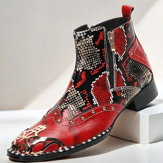 Men's Red & Black Snakeskin Leather Ankle Boots with Metallic Toe Cap and Side Zipper – Premium Cowhide Statement Footwear with Stud Accents 11