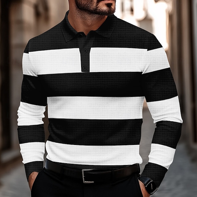  Per uomo A righe Magliette Polo a Nido d'Ape Maglia da golf Manica Lunga Magliette polo Camicie con Colletto Casual Business Casual Casa Ufficio Abbigliamento Quotidiano Bottoni Stampa 3D Primavera