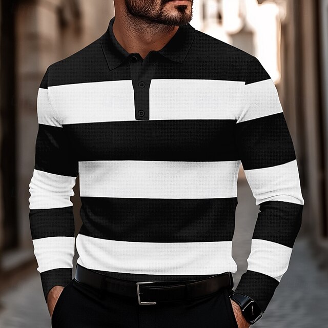 Men's Striped Waffle Polo Shirts Golf Shirt Long Sleeve Polo Shirts