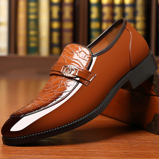 Men's Brown Patent Faux Leather Loafers – Crocodile Pattern Slip-On Dress Shoes with Metal Decoration for Formal and Business Attire 15