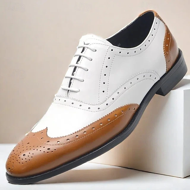 Men's White & Brown Leather Wingtip Oxford Shoes with Brogue Detailing – Premium Cowhide Formal Dress Shoes for Business & Special Occasions 9