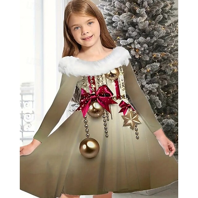 Christmas Girls' 3D Graphic Bells Christmas Dress Dress Long Sleeve