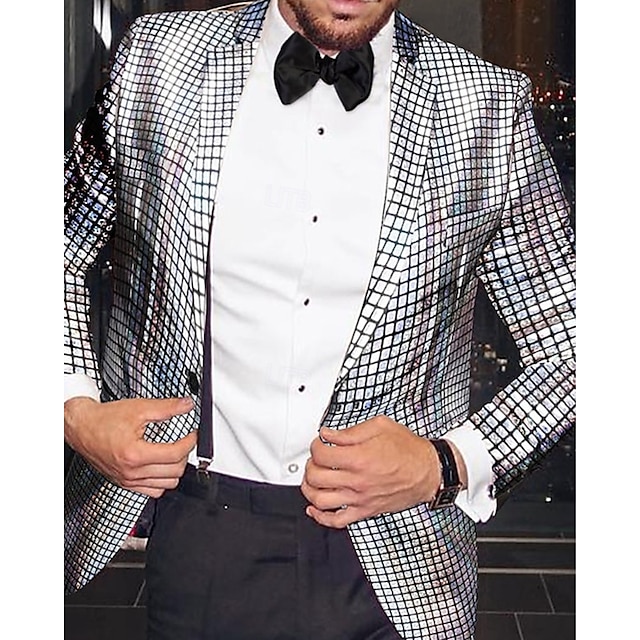  Men's Blazer Business Cocktail Party Wedding Party Fashion Casual Spring &  Fall Polyester Plaid Buttons Pocket Comfortable Single Breasted Blazer Silver Blue Gold