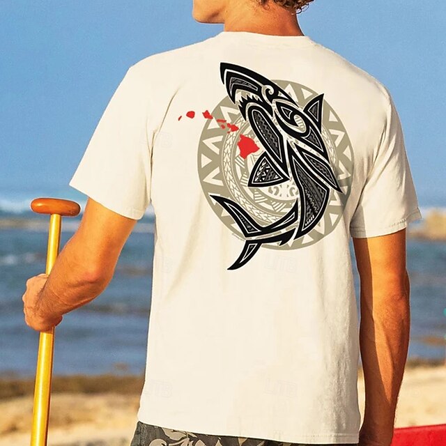 Men's Shark Maori T Shirt Short Sleeve T shirt 3D Print Crew Neck Shirt Tropical Hawaiian Vacation Street Daily Khaki Summer Spring Clothing Apparel S M L XL XXL XXXL4