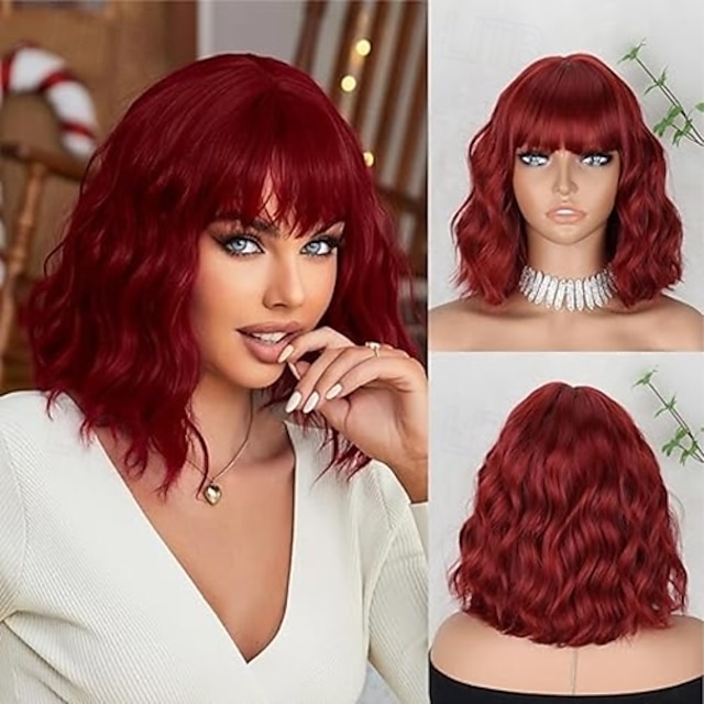  perruque bob ondulée avec frange aérienne perruques bob courtes bouclées naturelles perruques mi-longues pour femmes perruques synthétiques cosplay pour fille perruques colorées