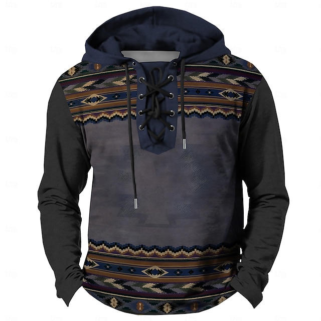 Homens Cowboy Moletons Casual Vintage retrô Manga Longa Com Capuz Férias Para Noite Caça Azul Marron Com Cordão Outono Inverno Designer